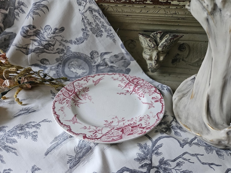 Häpnadsväckande 1800-tals antika franska Assiette / Tallrik - Modell 'Rambouillet' de K & G Luneville en Terre de Faïence Rose / Rosa och vita fåglar... bild 5