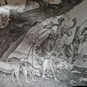 Zeldzame vintage Franse sepia en gebroken witte Toile de Jouy-stofrestant-landelijk/pastoraal neoklassieke scènes, jacht, meisjeshuisdecoratieprojecten
