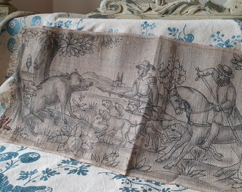 Extremely Rare Antique French Chasse / Hunting -themed Highly Detailed Unfinished Hemp Tapestry Template-Period Characters on Horseback, etc