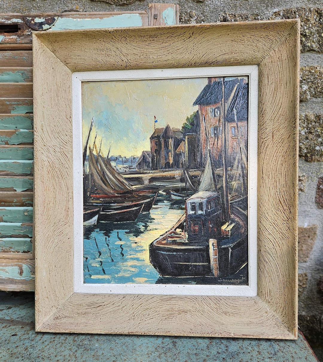 ヴィンテージ フランス製 サイン入り 海事港湾風景 タブロー絵画