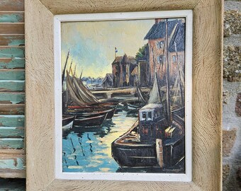 Cuadro con escena portuaria marítima francesa vintage firmada - Óleo sobre tabla - Barcos de pesca - Década de 1950 - Norte de Francia