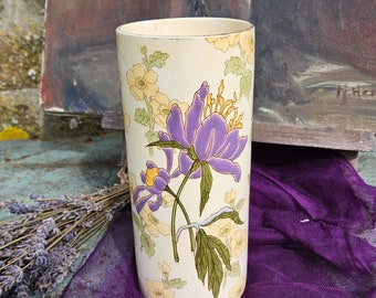 Stunning Unique Antique French Enamelled Cylindrical Vase-Strikingly Beautiful Piece with Lilac Iris Design & Transferred Primrose Backdrop