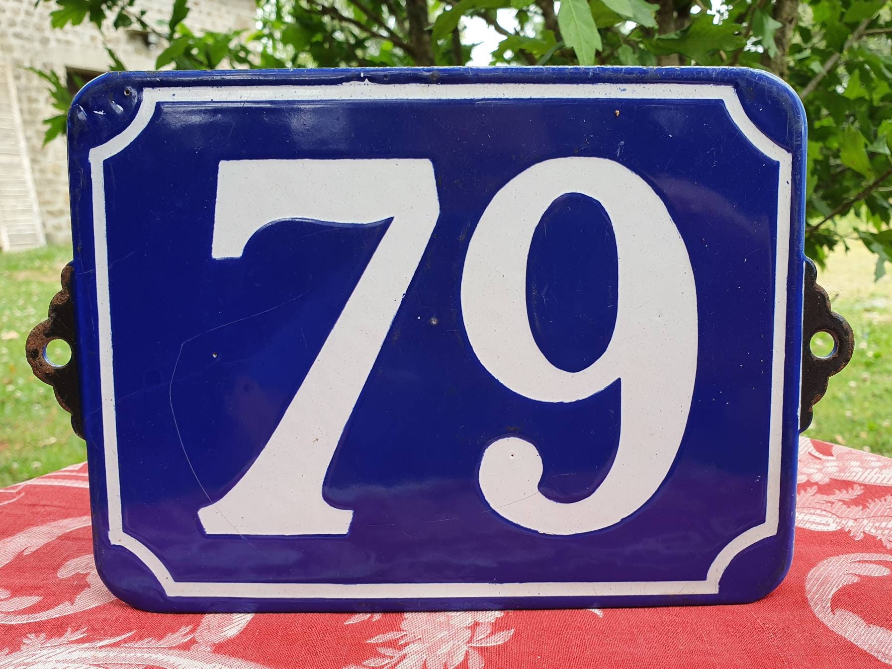 Authentic Antique Français Art-Deco Classic Blue - White Enamel Door Number Plate/Plaque-Number 79 W
