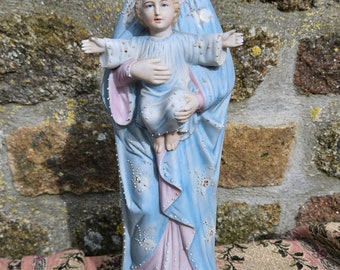 Glorious Antique French Religious Hand-decorated Statue-Exquisite Portrayal of the  Madonna / Vierge & Child-Pastel Colourway,Gilt and Pearl