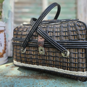 Stunning 19thC Rare & Unique Antique French Black Normandaise Fishing Basket / Picnic Panier / Lunch Basket-Scarce Piece with Braid Detail..