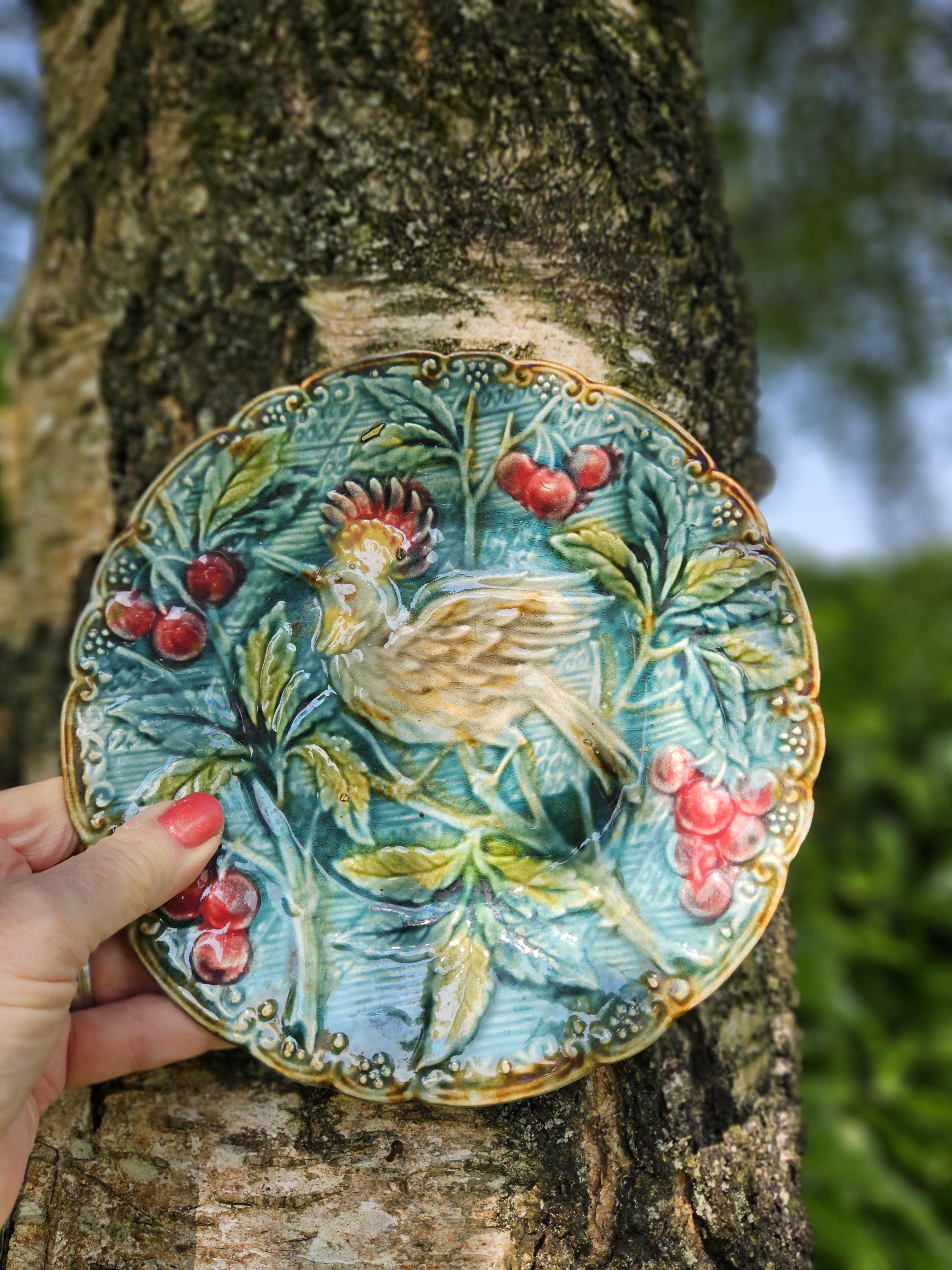 【USED】MOLIN France フランス　プレート　27cm 3P Stunning 19thc Antique French Faience Barbotine Majolica Bird