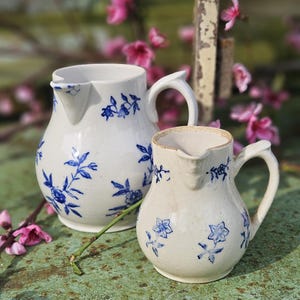 Pretty Pair of Graduated Antique French Terre de Fonte St.Vallier / St.Uze Faïence Cruches / Milk Jugs / Pots a Lait-The Blues of Saint-Uze