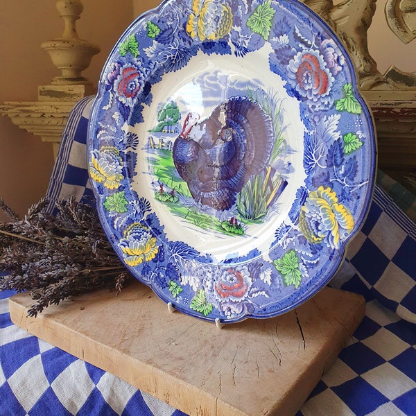 Frappant antique Français trouvé Enoch Woods (Angleterre) Décoratif émaillé à la main en faïence bleue et blanche Assiette de dinde-Pièce de cuisine polyvalente