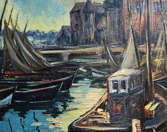 ヴィンテージ フランス製 サイン入り 海事港湾風景 タブロー絵画