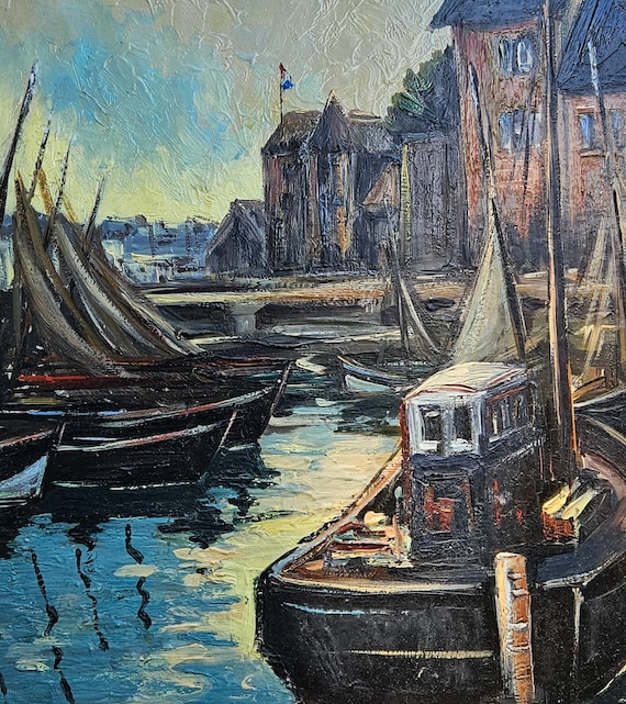 ヴィンテージ フランス製 サイン入り 海事港湾風景 タブロー絵画