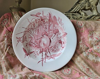 Stunning Rare 19thC Antique French Pink & White Birds and Insect Terre de Fer Faïence Art-Nouveau Dish-XIX ème Décor Oiseaux et Insecte....