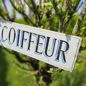 Fabulously French Scarce Striking Antique Enamel COIFFEUR Advertising / Publicité Enamelled Cobalt Blue & White Sign-Loft / Appartment Decor