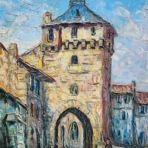 May include: A painting depicting a stone building with a tower and an arched doorway. The building is painted in shades of brown, yellow, and blue. The sky is a light blue with white clouds.