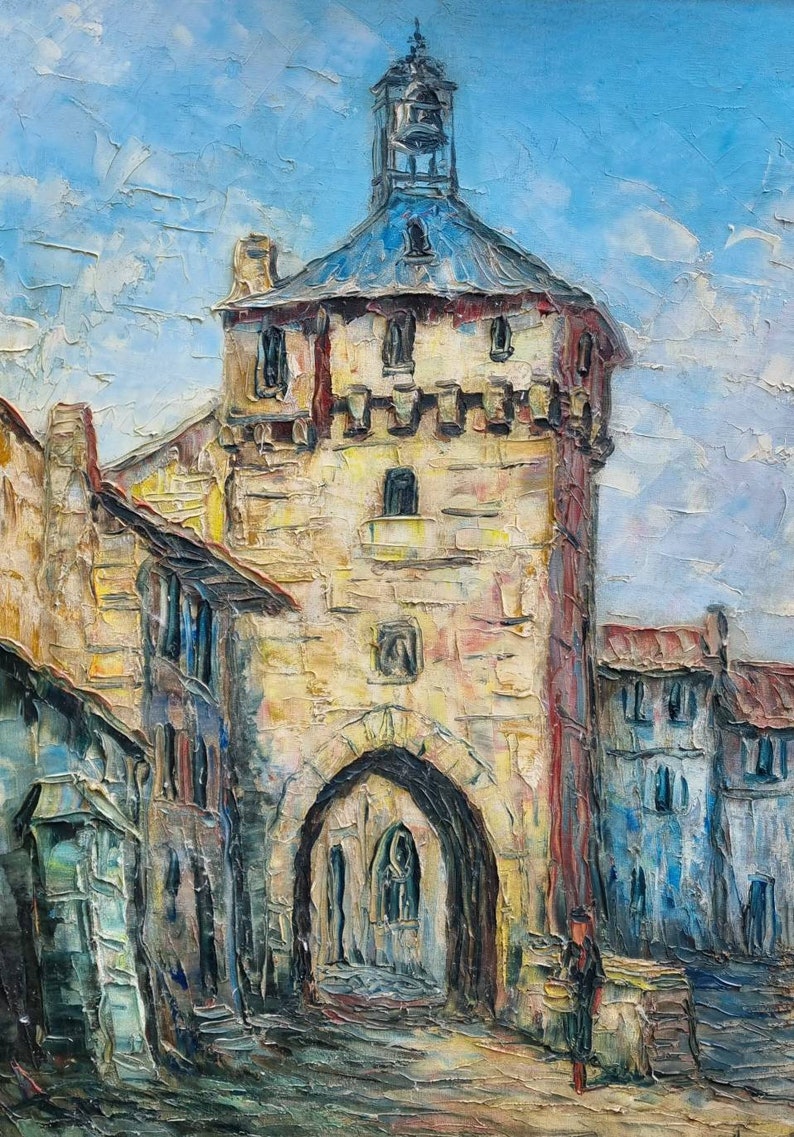 May include: A painting depicting a stone building with a tower and an arched doorway. The building is painted in shades of brown, yellow, and blue. The sky is a light blue with white clouds.