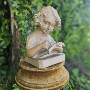 Sublime Neutral Antique French Paris Art-Deco Chalkware / Plaster Buste / Buste -Writing / Studying Female-Unique Brocante Home Decor Accent