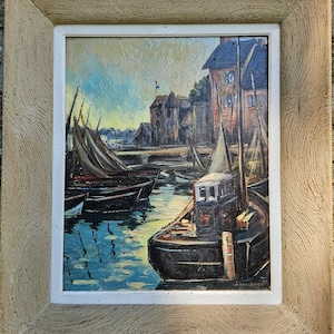 Vintage Franse gesigneerde zeehaven/havenscène tableau schilderij-mariene kunst olieverf aan boord-huile à bord vissersboten jaren 1950-noord-Frankrijk