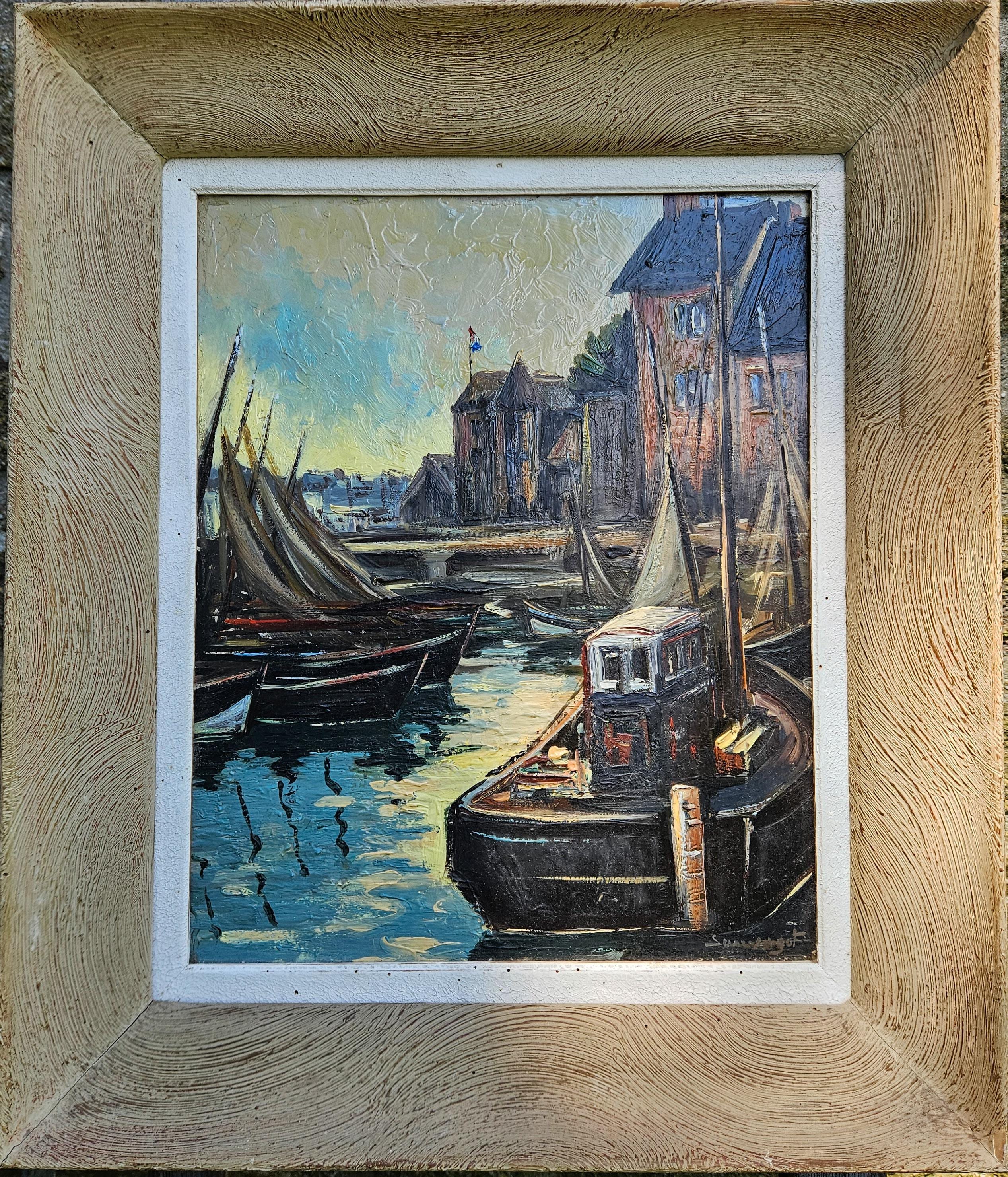 Vintage French Signed Maritime Port /harbour Scene Tableau