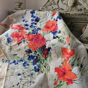 Impressionante tecido vintage francês Paris Grand Teint com vibrantes papoulas, algodão e linho remanescente - Fabuloso tecido com design retrô - Projeto perfeito.
