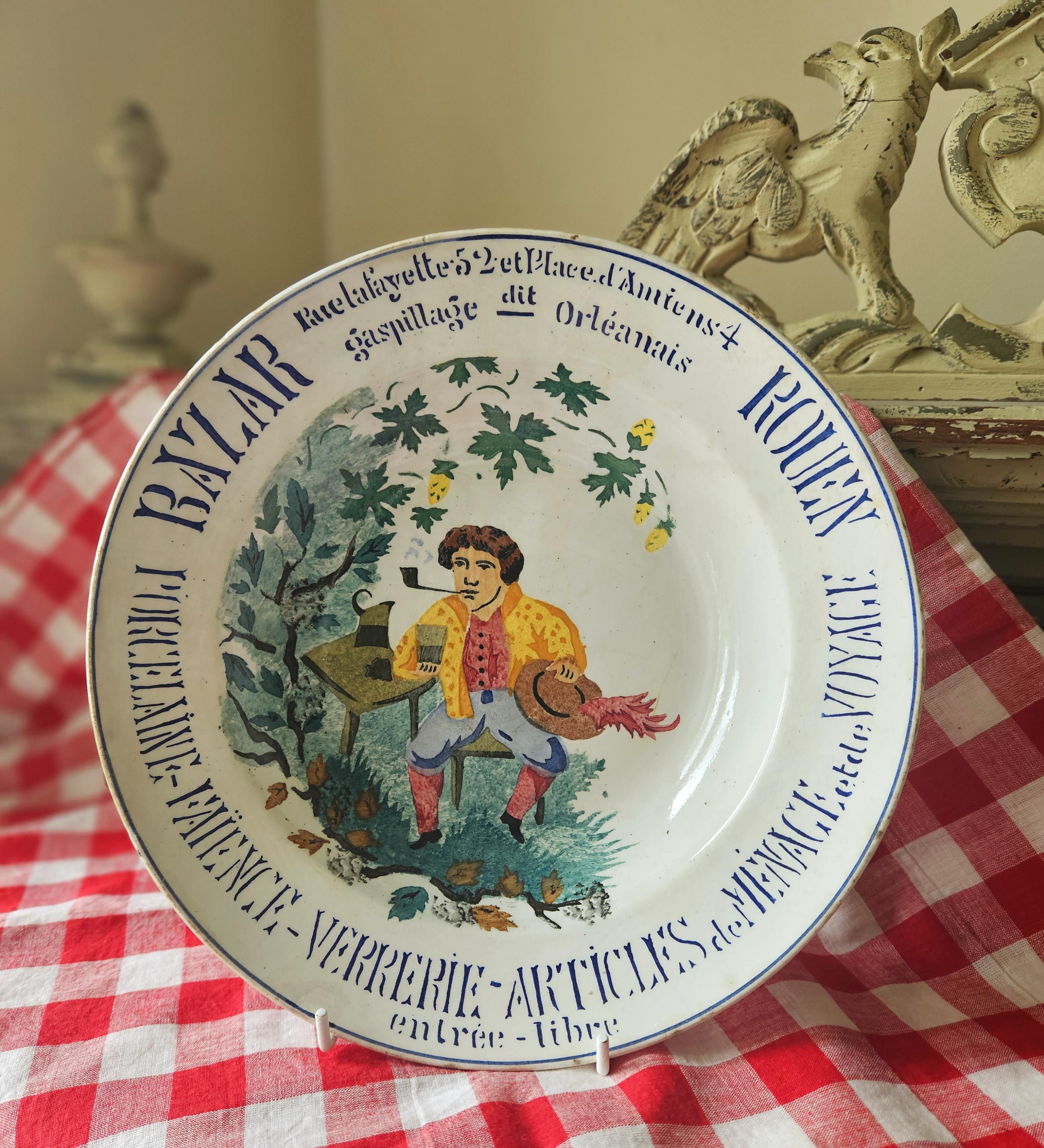 Stunning Rare Antique French BAZAR ROUEN Large Deep Faience Dish-Porcelain Opaque de Gien Advertising Publicity
