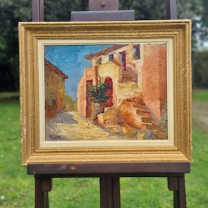 Striking Vintage French Lyonnais Mid-Century Framed Artist-Signed Zicca Impasto Oil on Board Tableau / Painting of Collioure Maison Catalane
