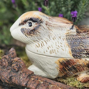 May include: A ceramic rabbit figurine with a cream-colored face and chest, and brown and tan markings on its back and ears. The rabbit is resting on a decorative, weathered brown ledge, with purple flowers in the background. The figurine is a decorative item.