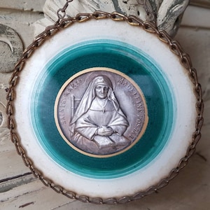 Divine Antique French Religious Gilt Toleware Chain Framed Cameo Wall Hanging Souvenir of Saint Marie Madeleine Postal under Glass