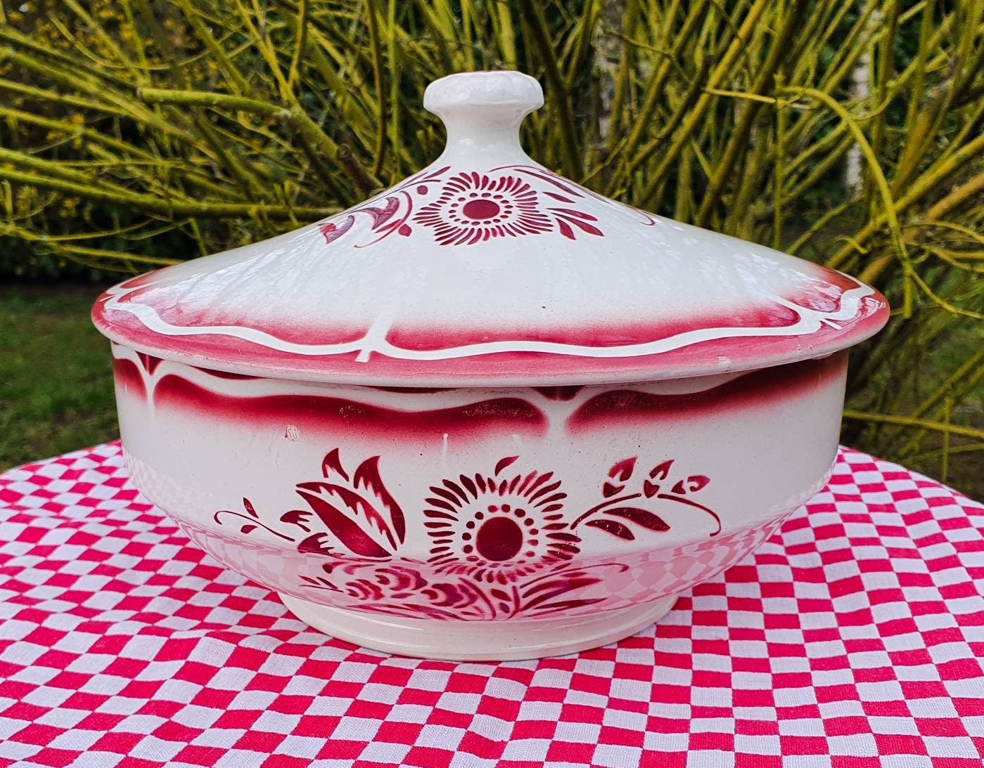 Rare Pretty Antique Français Digoin Sarreguemines Ala Rouge et Blanc Lidded Tureen Servant Dish Swee