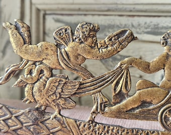 Magnificant 19thC Antique French Resplendid Swan-drawn Chariot Detailed Napoleonic Gilt Bronze Ormolu Pediment / Garniture-Musical Cherubs..