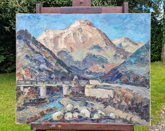 Striking Vintage French Artist-signed Mid-Century Oil on Canvas Alpes-de-Haut-Provence Landscape,Huile sur Toile,signed Louis Guieu,c.1970's