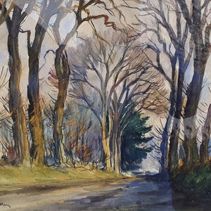 Sublime aquarela / aquarela assinada pela França de meados do século de uma paisagem rural, árvores, pista rural, arte rústica de parede, imagem da pista rural francesa