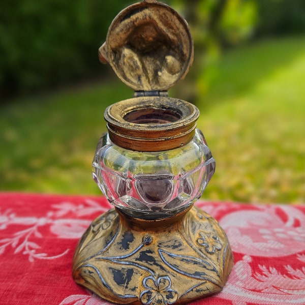 Wonderful Antique French Art-Nouveau Gilt Bronze Spelter Footed Encrier,Inkwell-c.1910-Sturdy Chunky Faceted Moulded Glass Desk Top Addition