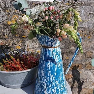 Chic & Shabby Large Antique French Blue and White Marbled Enamel Water Jug Pitcher Jug / Pail-Vintage French Kitchenalia Garden jug