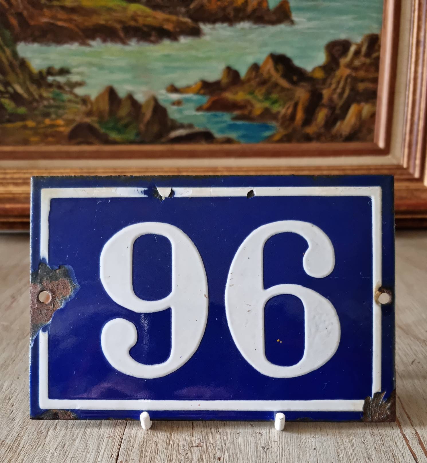 Fabulous Authentic French Classic Blue & White Enamel Door Number Plate / Plaque-Number 96 Wonderful Vintage Font Hardware Salvage