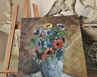 Atemberaubendes Vintage-französisches signiertes Öl auf Brett / pastoses Stillleben-Tableau-gemischte Anemonen in einer Vase-auffallende Farben-rot, blau und lila ...