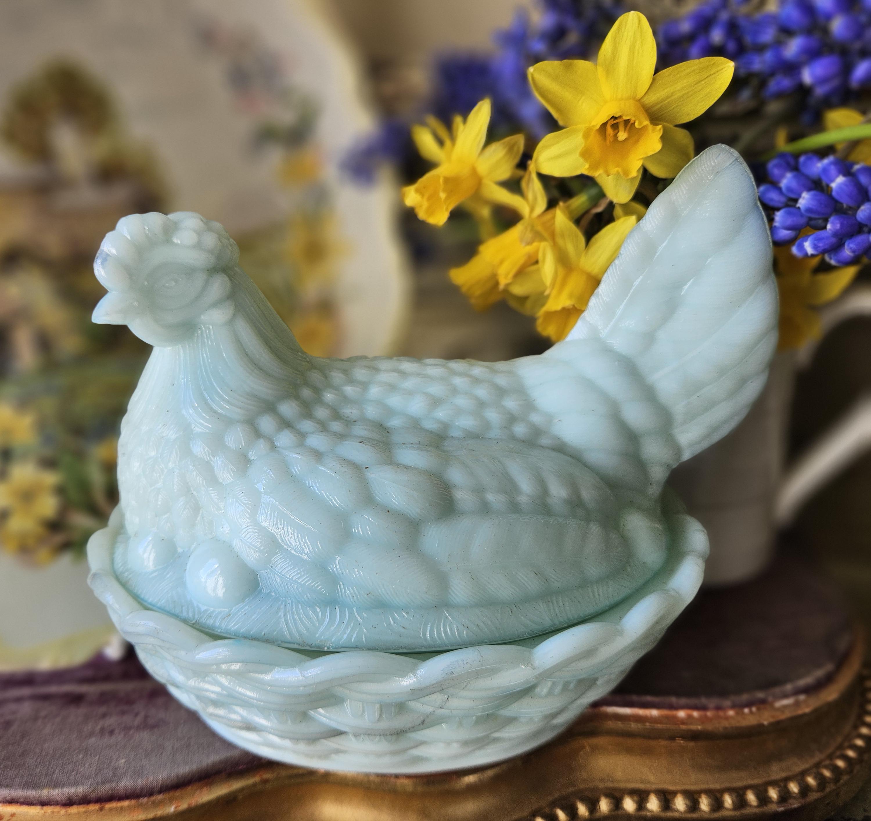 Chicken in a Basket Blue Glass - Etsy