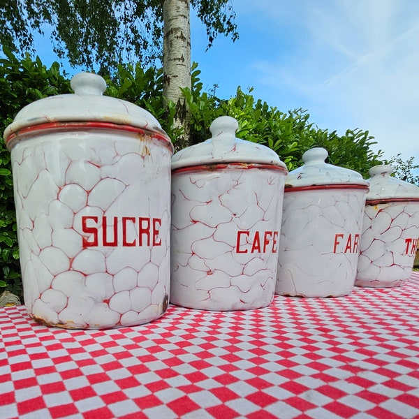 Fab Antique French Marbled Red & White Graduated Enamel Storage Jars / Cannisters, Vintage French Kitchenalia-1930's-Versatile Cuisine Chic