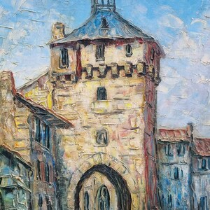 May include: A painting depicting a stone archway with a tower above it. The tower has a blue roof and a bell at the top. The archway is situated in a city setting with buildings on either side.