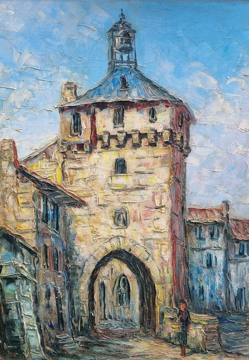May include: A painting depicting a stone archway with a tower above it. The tower has a blue roof and a bell at the top. The archway is situated in a city setting with buildings on either side.
