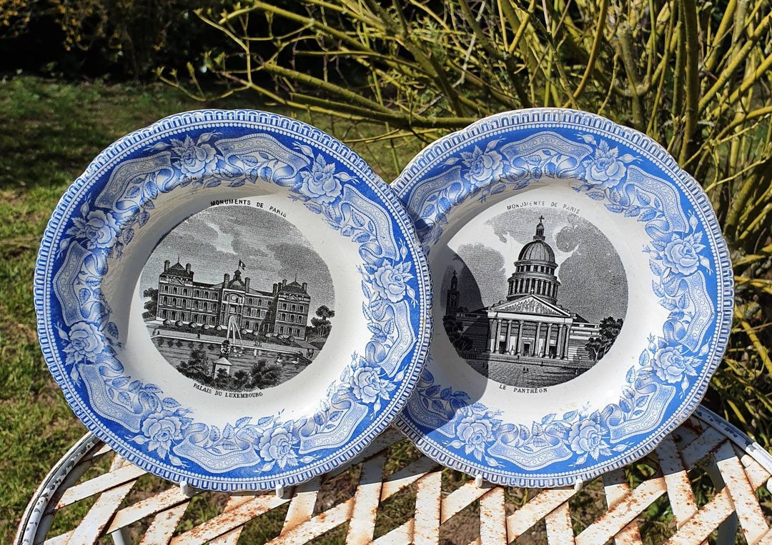 Pair of French Faience Blue and White Monuments of Paris Series