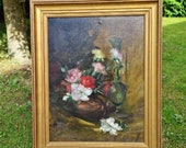 Antique French Artist-signed Still Life Oil on Canvas Tableau-Multi-florals Tall Green Glass Vase-Professionally Cleaned, Original Frame