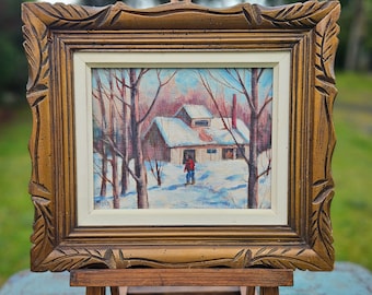 Paisaje nevado francés vintage de mediados de siglo, firmado, enmarcado, óleo sobre lienzo (huile sur toile), escena nevada en un bosque boscoso, posiblemente obra de un pintor canadiense.