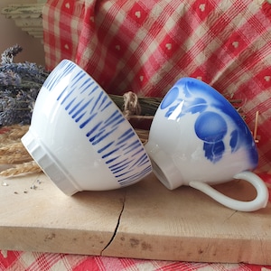 Mix & Match Antike französische lebendige Art-Deco-geblümte gemusterte Badonnviller Petit Dejeuner-Tasse und Frühstücks-Café-Schüssel, Cuisine Chic Kitchenalia