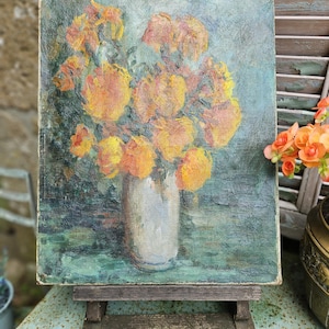 Vibrante cuadro vintage francés firmado al óleo sobre lienzo, naturaleza muerta, gloriosas flores naranjas en un jarrón, firmado ROSE VANARA, impactante pintura al óleo.