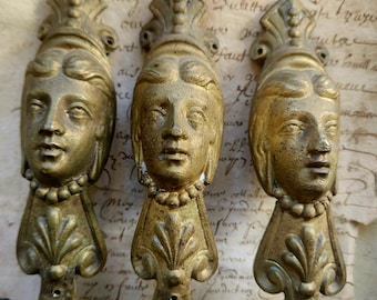 Magnificent Trio of Rare Antique French Egyptian Revival Gilt Bronze Ormolu Pediments,Cleopatra-esque Garnitures-Fab for Home Decor Projects