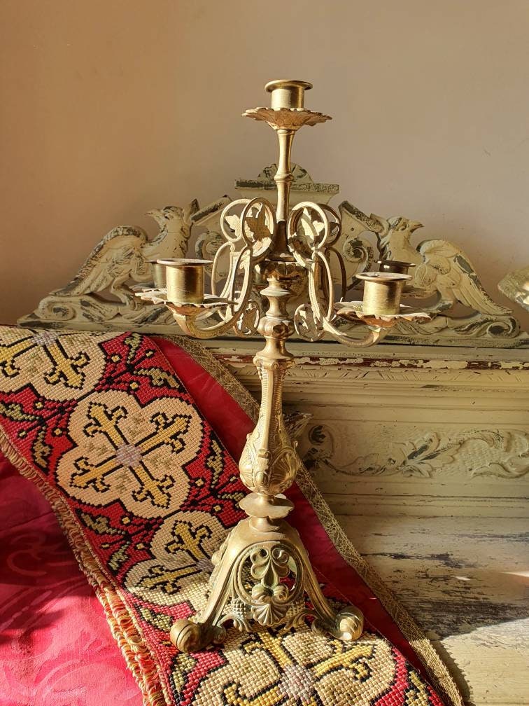 Superbe 19Ème Siècle Antique Français Religieux Ordon de L'église Ormolu Autel 6 Bougies Bougeoir, C