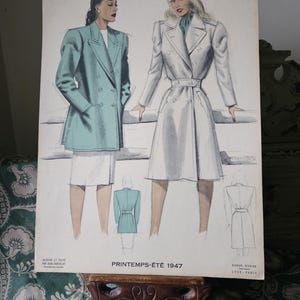 Raro prato/cartão de moda original francês vintage da década de 1940, primavera-verão, projetado por Jean Choiselat c1947-impresso por Giraud-Rivoire Lyon-Paris