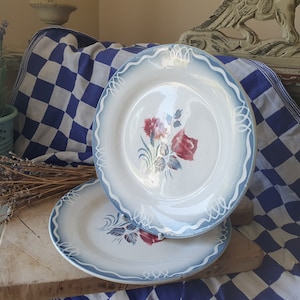 Stunning Pair of Striking Rare Antique French Digoin Sarreguemines Pretty Vivid Blue & Red floral MARINETTE Art-Deco Design Salad Plates....