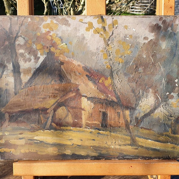 Étonnamment atmosphérique Antique Français Huile sur toile Rustique Cottage Tableau / Peinture, Patine originale, Décor de maison rurale neutre, Pièce unique