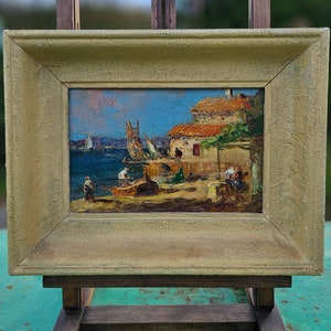 Vintage French Framed Impasto Mid-Century Vivid Mediterranean Seascape Tableau, Oil on Board, Huile sur Bord Painting,Signed Artwork,c.1950s