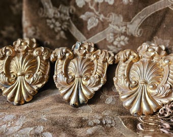 Rare Trio of Decorative Antique French Gilt Ormolu Toleware Ornement Garnitures-Fan Scrolls & Floral Architectural Salvage French Home Decor